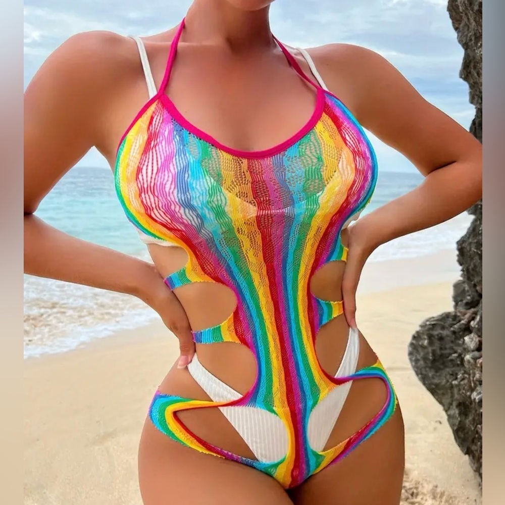 Rainbow Striped Halter Neck Bodysuit Cover Up
